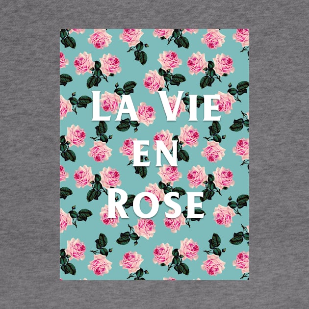 La Vie En Rose - scattered pink vintage roses on turquoise by bettyretro